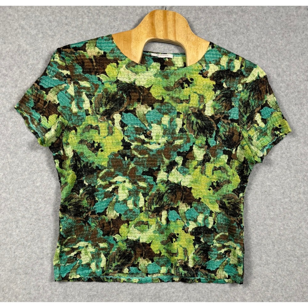 JM Collection Top Womens XL Green Abstract Floral Crinkle Short Sleeve Excellent